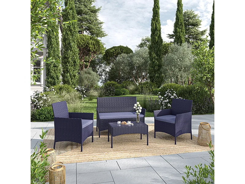 Salon de jardin résine tressée Noir/Gris - ensemble 4 places - Canapé + Fauteuil + Table - IMORA