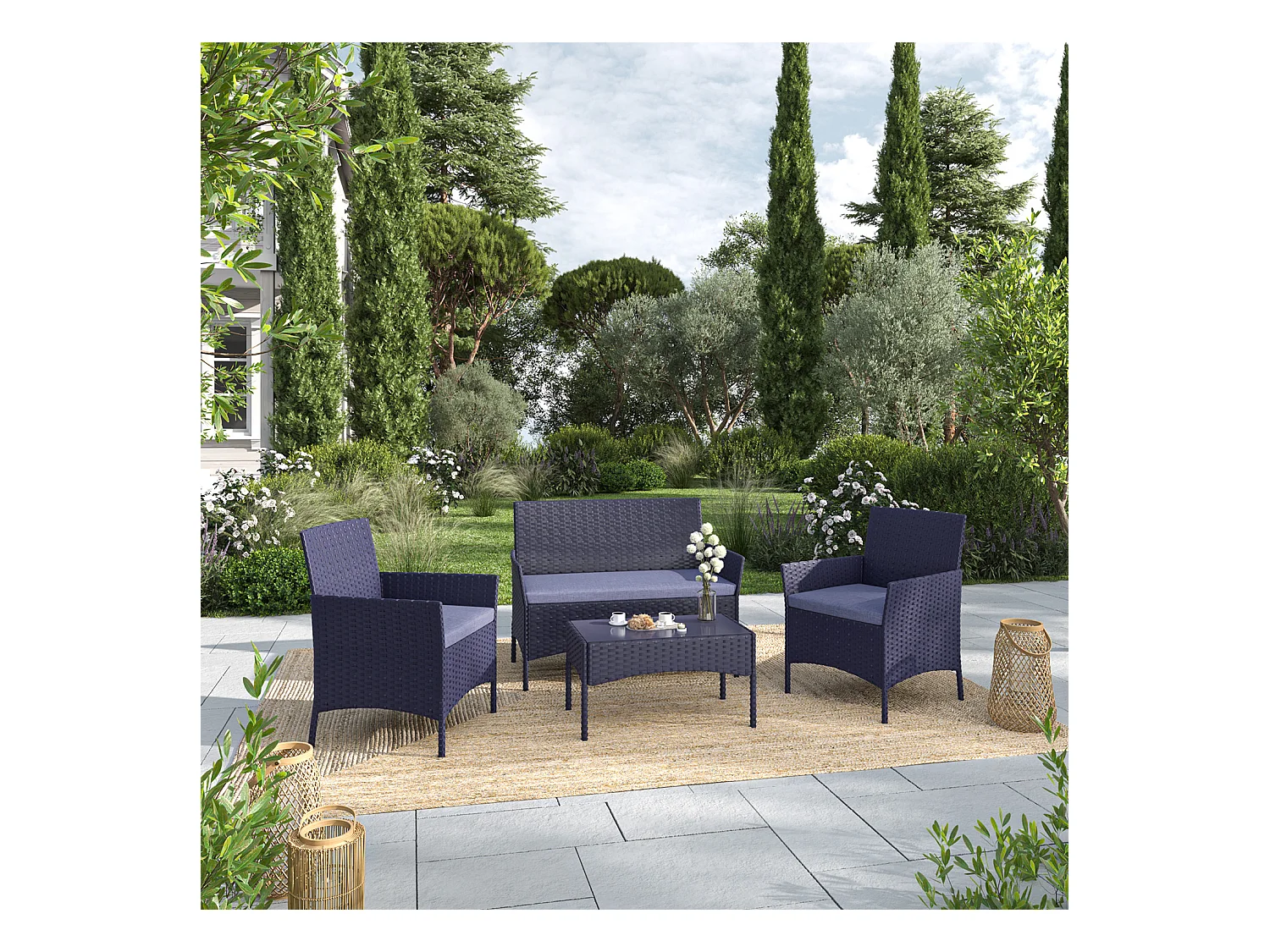 Salon de jardin résine tressée Noir/Gris - ensemble 4 places - Canapé + Fauteuil + Table - IMORA