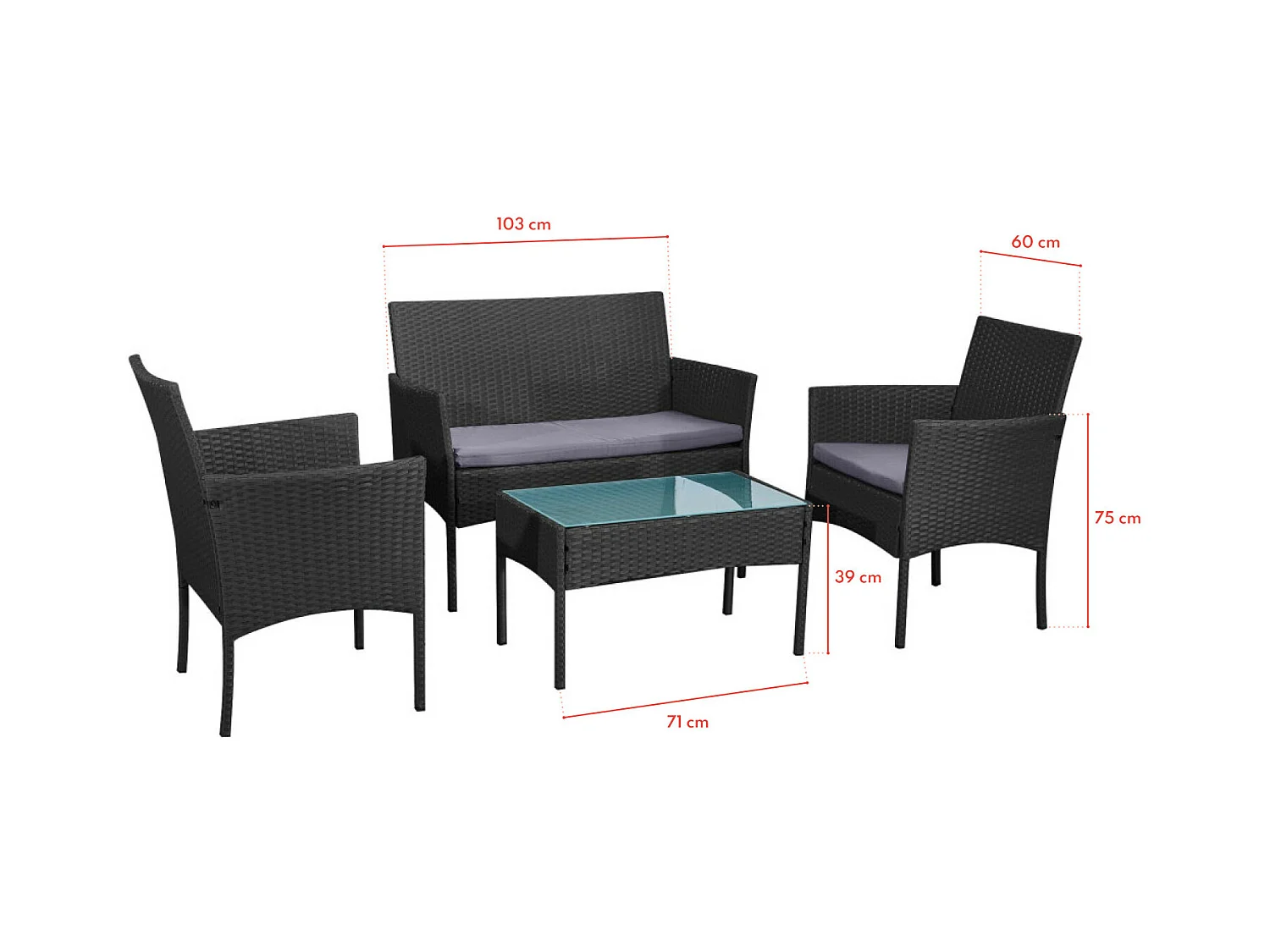 Salon de jardin résine tressée Noir/Gris - ensemble 4 places - Canapé + Fauteuil + Table - IMORA