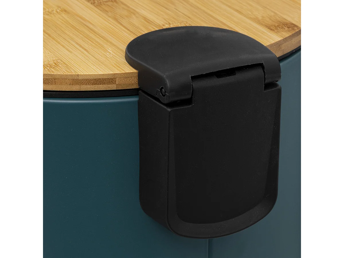 Poubelle 30 Litres en Métal Bleu pétrole et Couvercle en Bambou