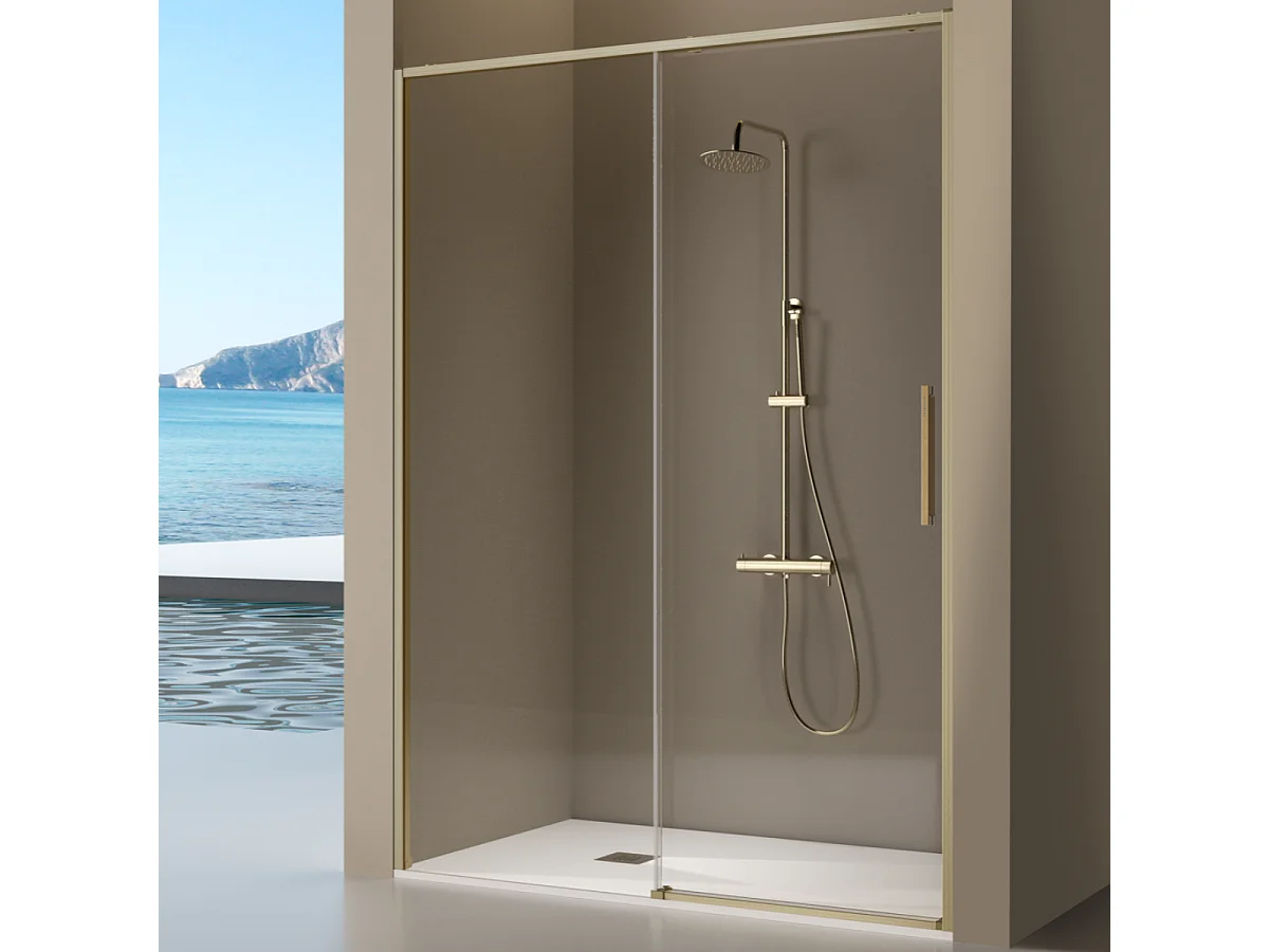 Paroi de douche dorée fixe + porte coulissante DELTA or brossé 110-112.6 cm