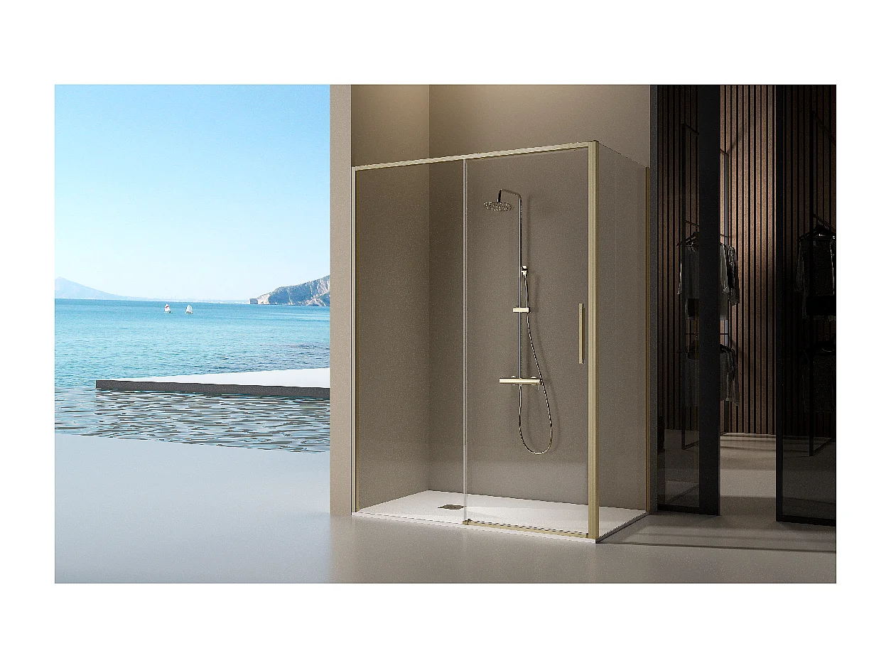 Paroi de douche dorée fixe + porte coulissante DELTA or brossé 154-156.6 cm