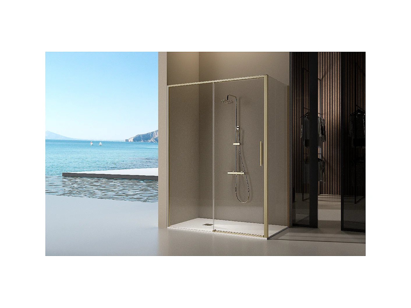 Paroi de douche dorée fixe + porte coulissante DELTA or brossé 121-123.6 cm