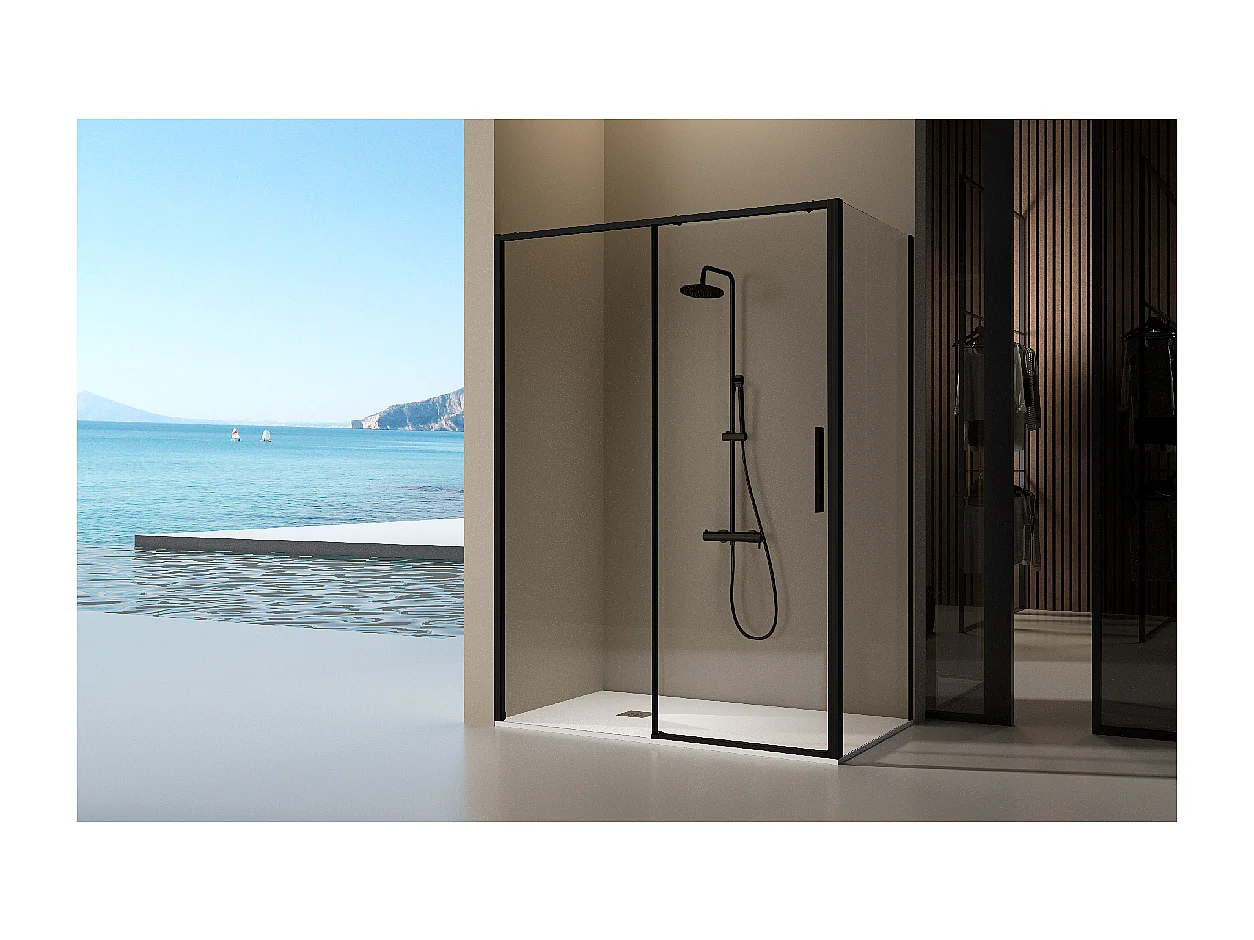 Paroi de douche fixe + porte coulissante DELTA noir mat 154-156.6 cm