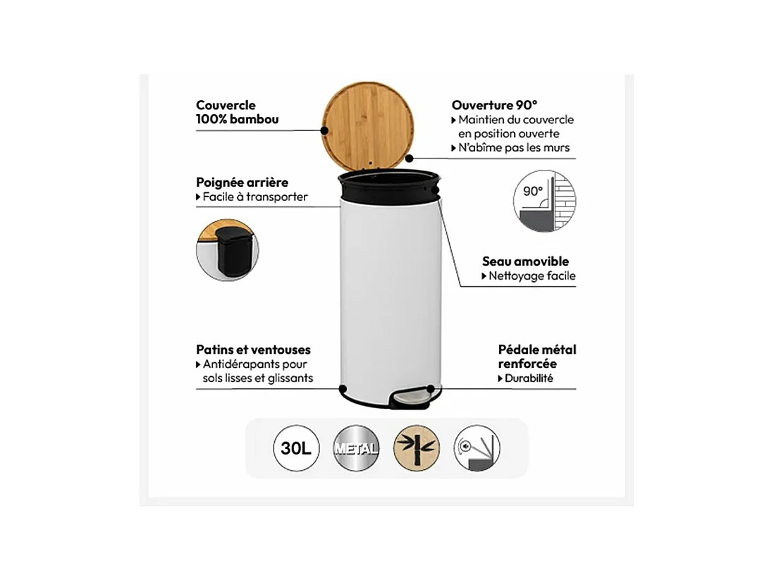 Poubelle 30 Litres en Métal Blanc et Couvercle en Bambou