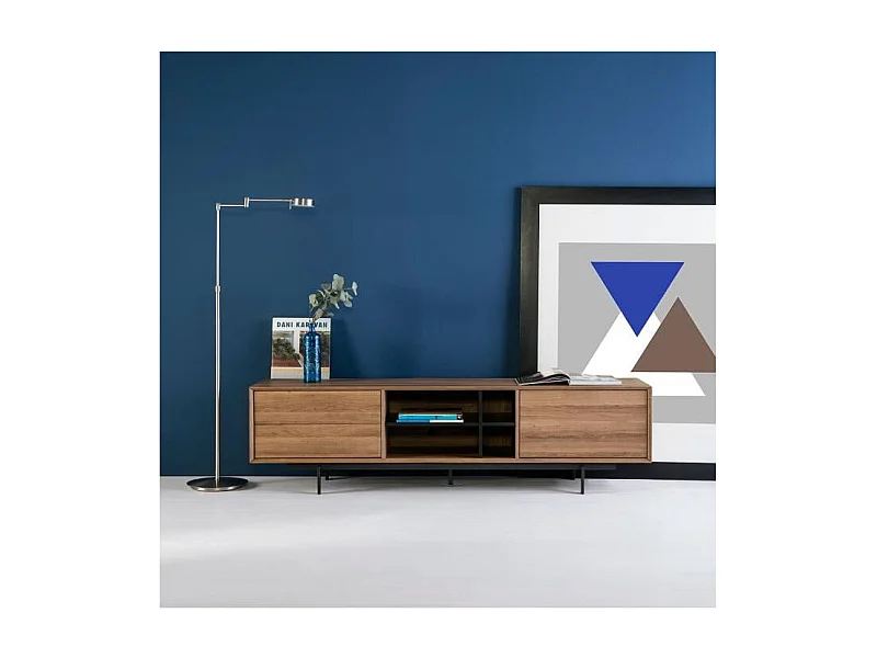 Meuble TV 1 porte et 2 tiroirs - Chene wenge et noir - L 180 x P 40 x H 50 cm - BEATRIZ