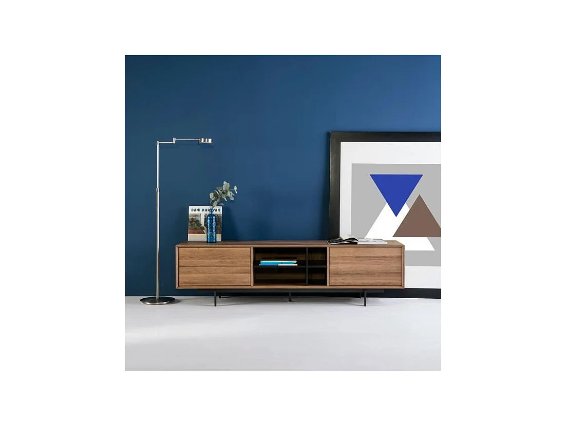 Meuble TV 1 porte et 2 tiroirs - Chene wenge et noir - L 180 x P 40 x H 50 cm - BEATRIZ