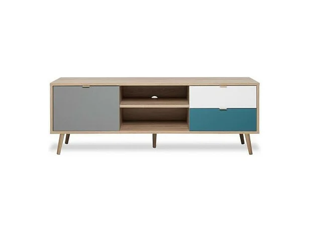 Skandinavischer TVSchrank – Dekor Eiche, Grau, Weiß und Petrolblau – 1 Tür – 150 x 40 x Höhe 51 cm