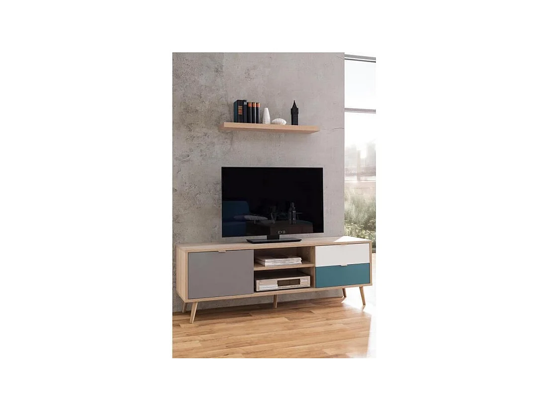 Skandinavischer TVSchrank – Dekor Eiche, Grau, Weiß und Petrolblau – 1 Tür – 150 x 40 x Höhe 51 cm
