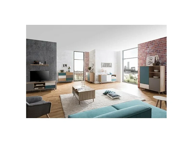 Skandinavischer TVSchrank – Dekor Eiche, Grau, Weiß und Petrolblau – 1 Tür – 150 x 40 x Höhe 51 cm