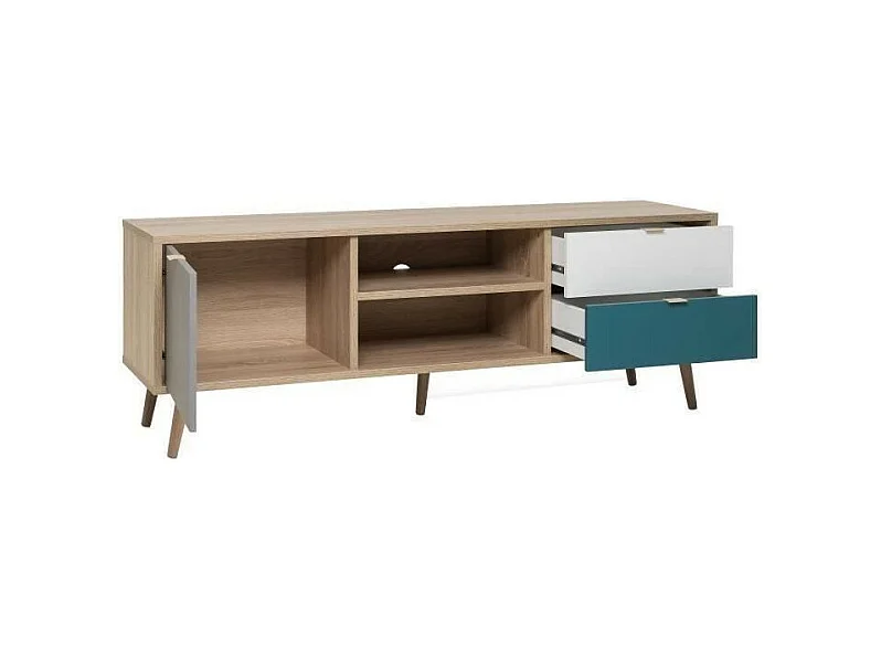 Skandinavischer TVSchrank – Dekor Eiche, Grau, Weiß und Petrolblau – 1 Tür – 150 x 40 x Höhe 51 cm