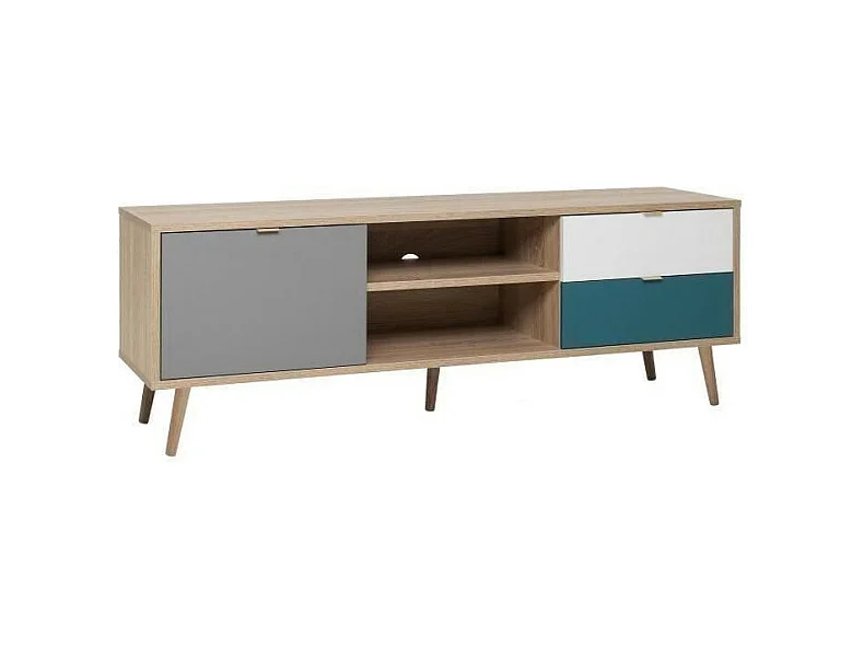 Skandinavischer TVSchrank – Dekor Eiche, Grau, Weiß und Petrolblau – 1 Tür – 150 x 40 x Höhe 51 cm