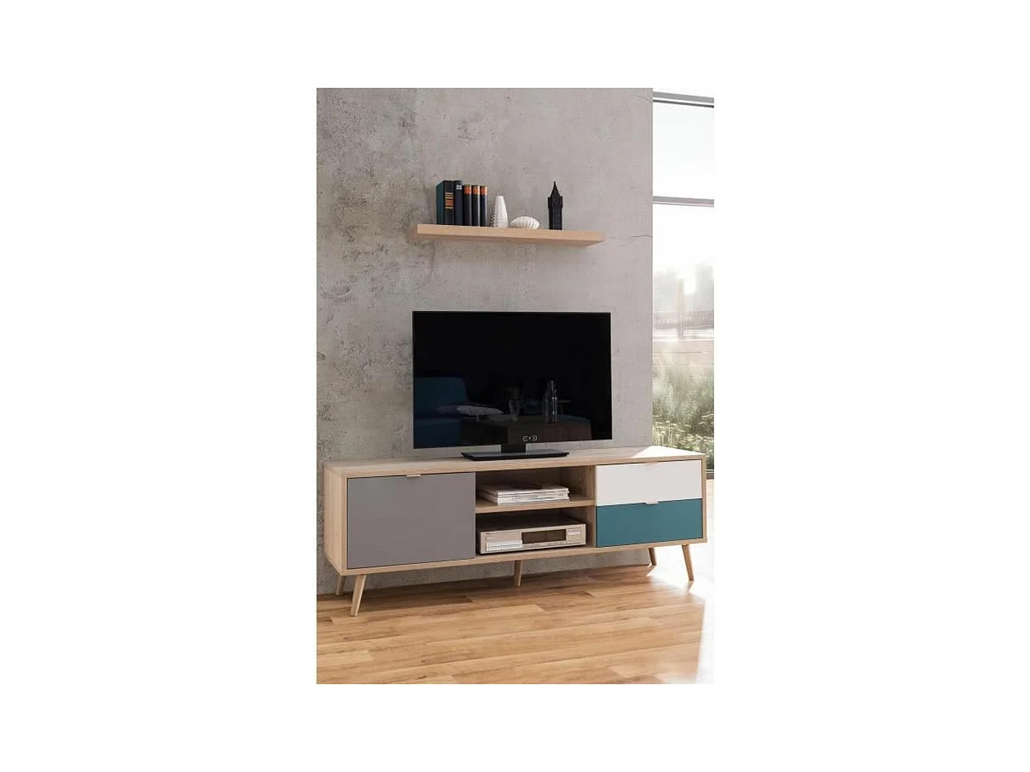 Skandinavischer TVSchrank – Dekor Eiche, Grau, Weiß und Petrolblau – 1 Tür – 150 x 40 x Höhe 51 cm