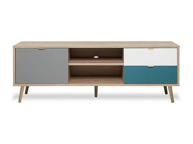 CUBA Meuble TV scandinave decor chene, gris, blanc et bleu petrole - L 150 cm