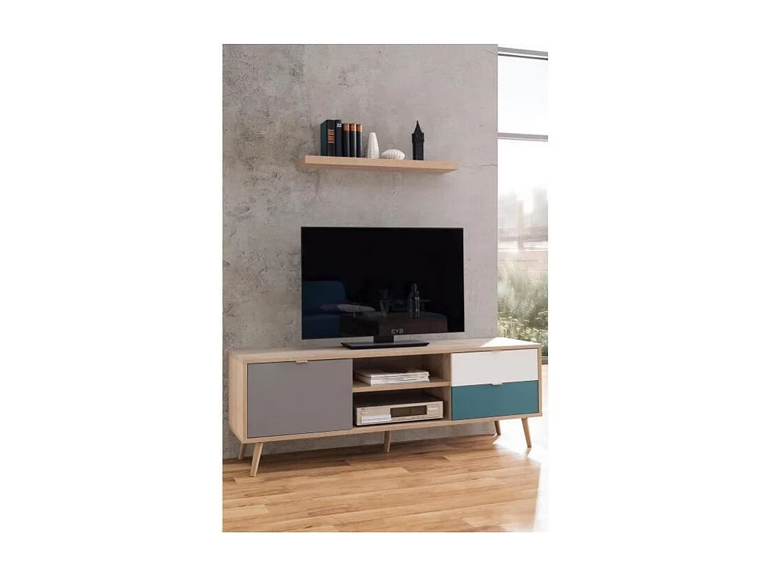 CUBA Meuble TV scandinave decor chene, gris, blanc et bleu petrole - L 150 cm