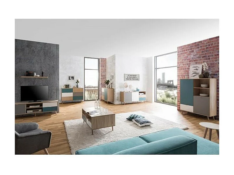 CUBA Meuble TV scandinave decor chene, gris, blanc et bleu petrole - L 150 cm