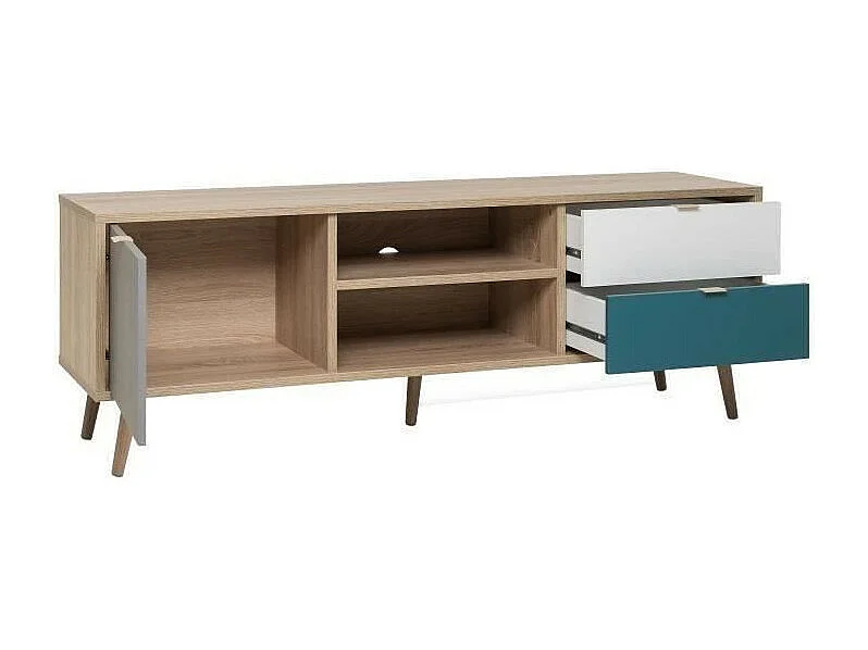 CUBA Meuble TV scandinave decor chene, gris, blanc et bleu petrole - L 150 cm