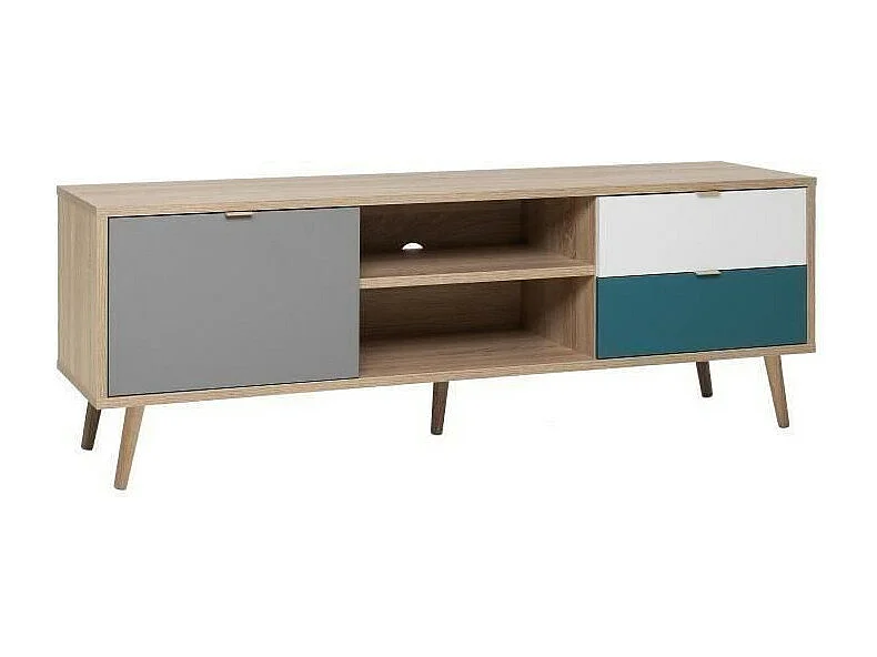 CUBA Meuble TV scandinave decor chene, gris, blanc et bleu petrole - L 150 cm