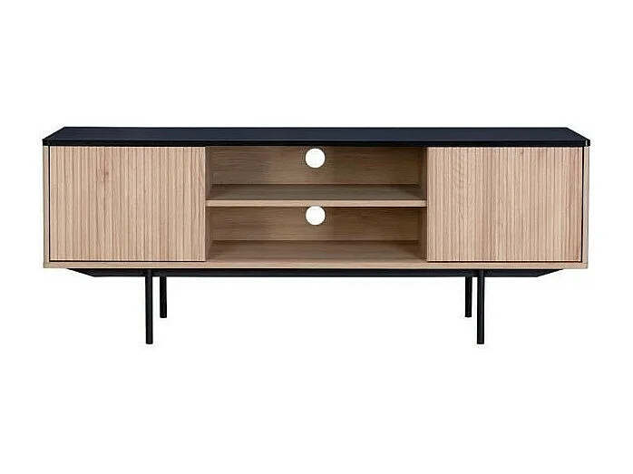 Meuble TV 2 portes - Décor bois et noir - L 140 x P 39 x H 53 - MEMPHIS