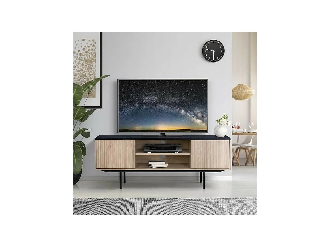 Meuble TV 2 portes - Décor bois et noir - L 140 x P 39 x H 53 - MEMPHIS