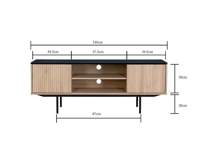 Meuble TV 2 portes - Décor bois et noir - L 140 x P 39 x H 53 - MEMPHIS