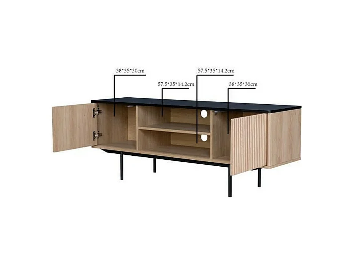 Meuble TV 2 portes - Décor bois et noir - L 140 x P 39 x H 53 - MEMPHIS