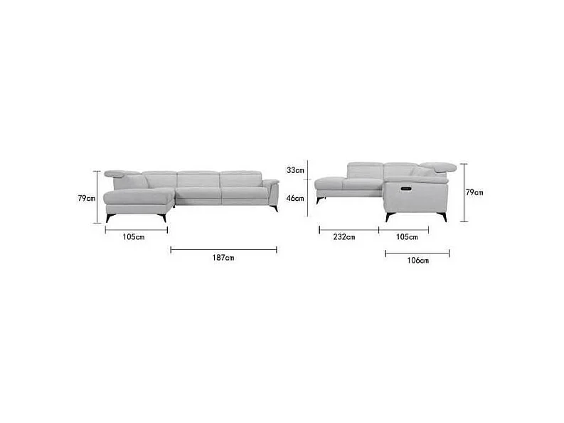 Canape dangle gauche avec 1 place relax electrique - Tissu gris - L 292 x P 232 x H 99 cm - MELBOURNE