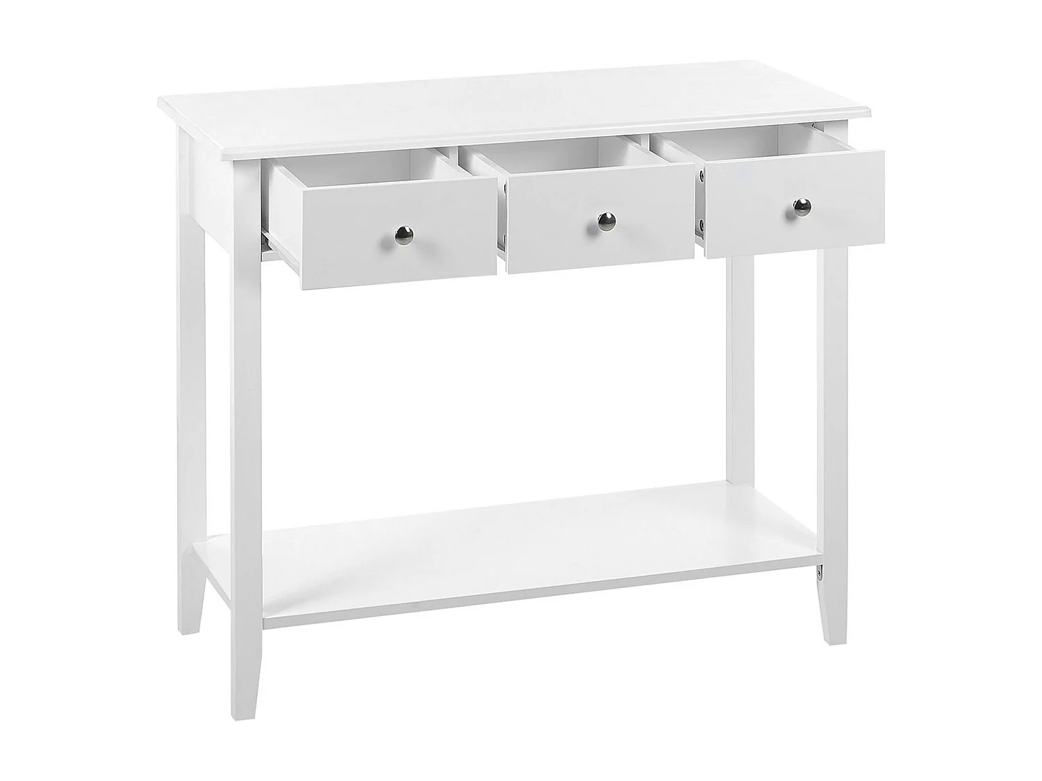 Moderner Konsolentisch, 3 Schubladen, Regal, Holzbeine, Weiß, Galva