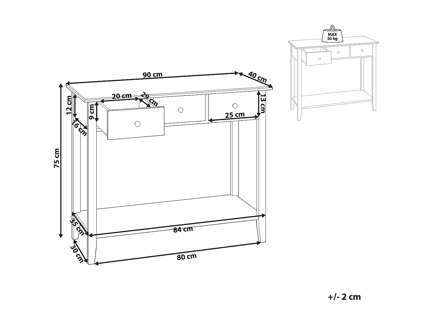 Moderner Konsolentisch, 3 Schubladen, Regal, Holzbeine, Weiß, Galva