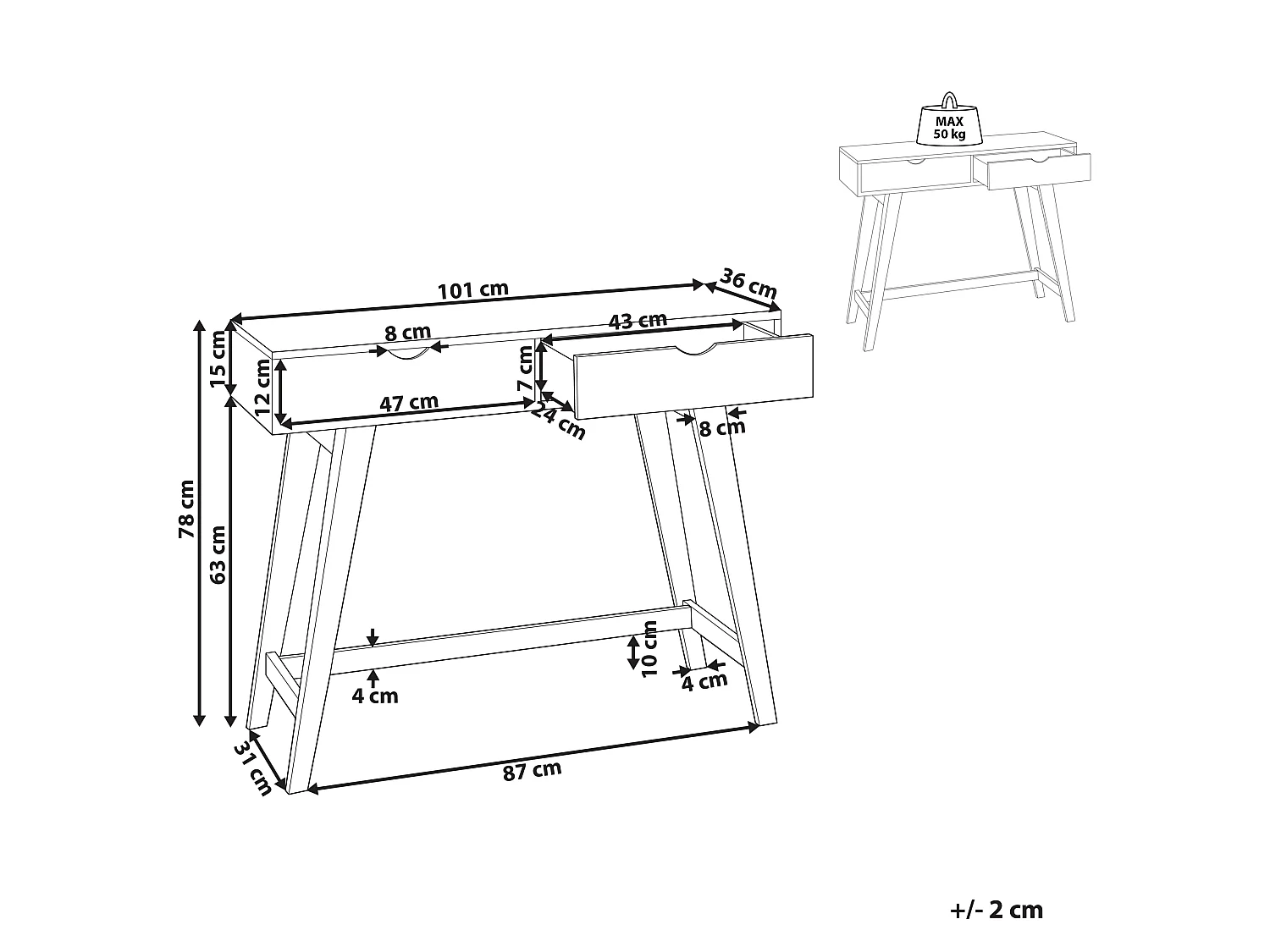 Skandinavien Konsolentisch 2 Schubladen Holzbeine Weiß mit hellem Holz Sully