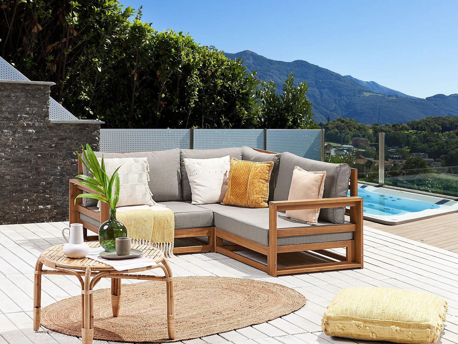 Canapé d'angle de jardin 2 places en bois d'acacia clair TIMOR II