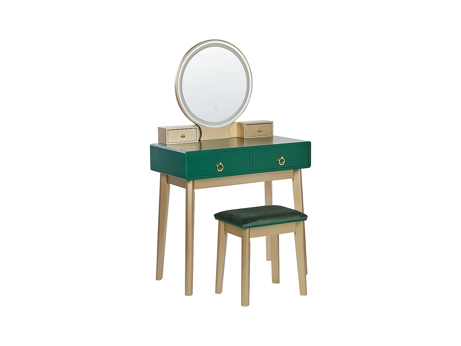 Schminktisch mit LED-Spiegel rund 4 Schubladen Hocker grün Glamour Fedry