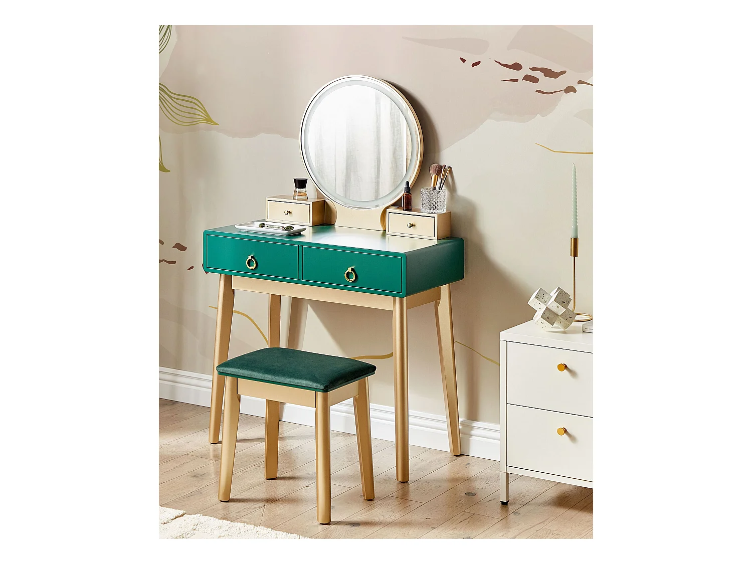 Schminktisch mit LED-Spiegel rund 4 Schubladen Hocker grün Glamour Fedry