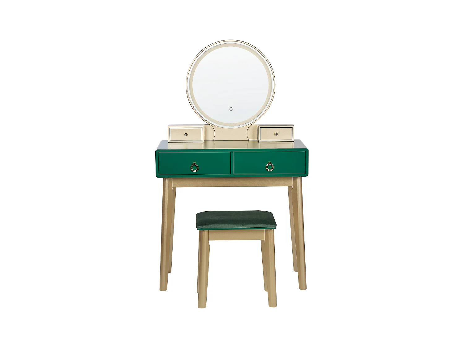 Schminktisch mit LED-Spiegel rund 4 Schubladen Hocker grün Glamour Fedry