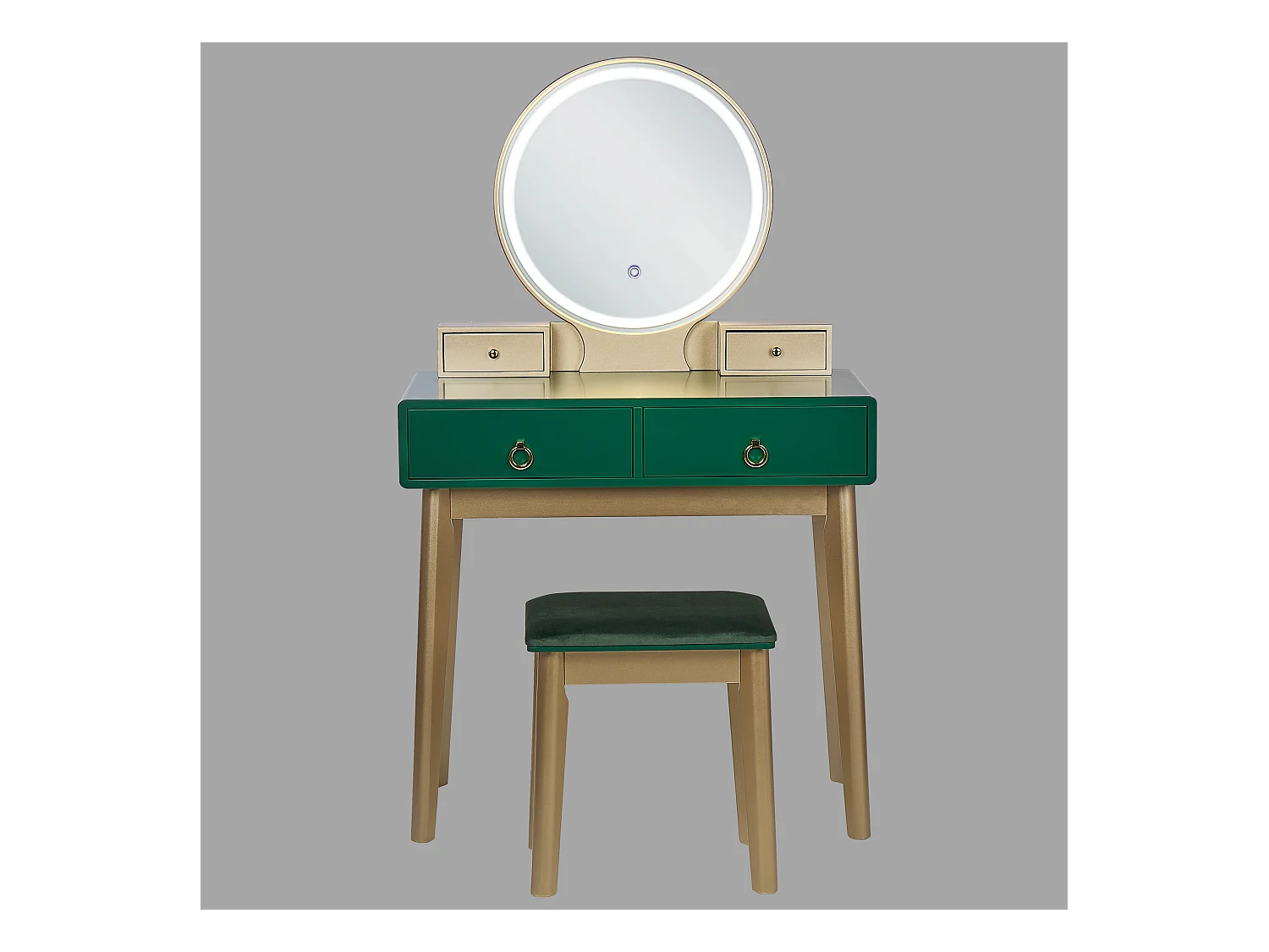 Schminktisch mit LED-Spiegel rund 4 Schubladen Hocker grün Glamour Fedry