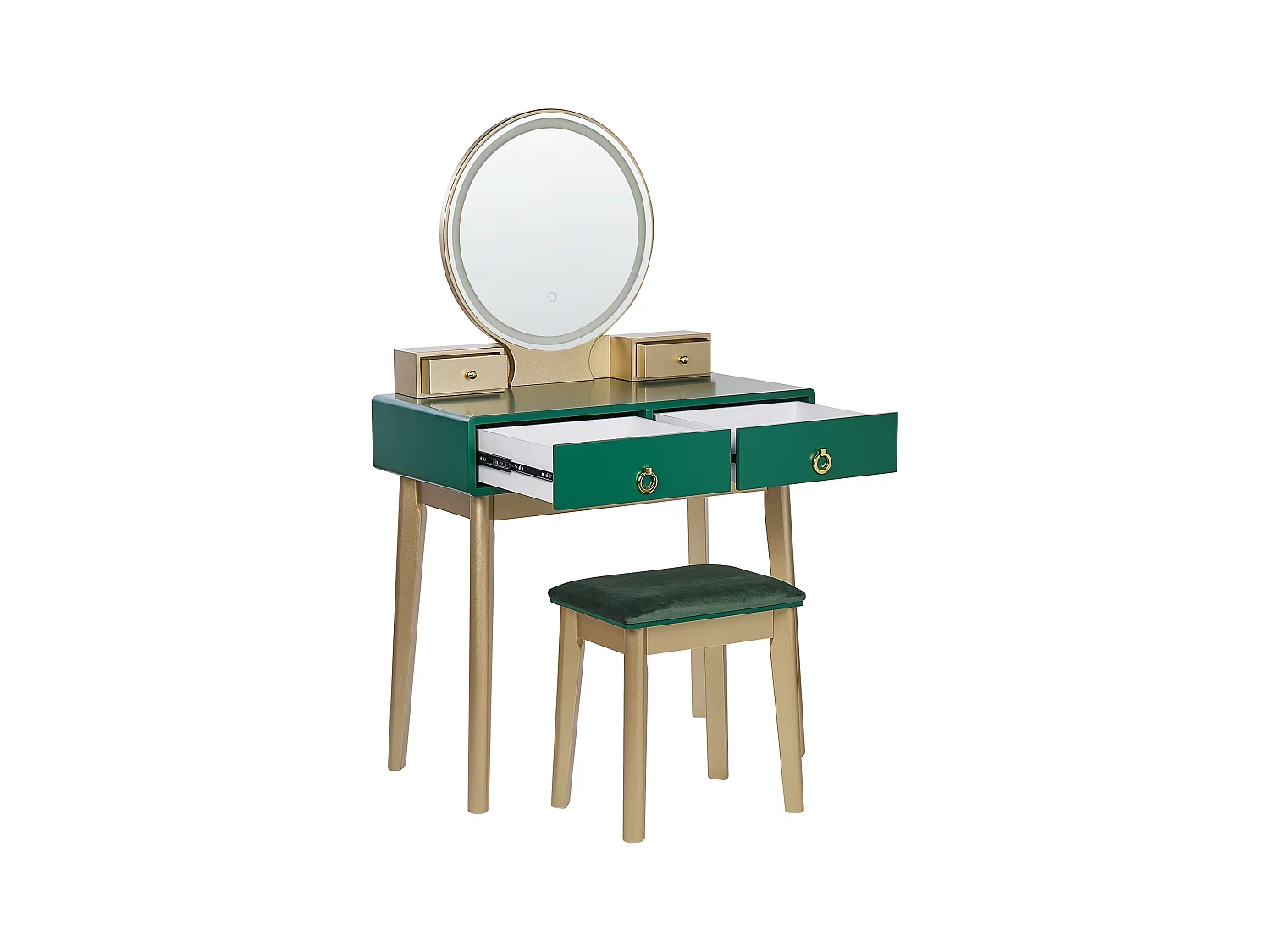 Schminktisch mit LED-Spiegel rund 4 Schubladen Hocker grün Glamour Fedry