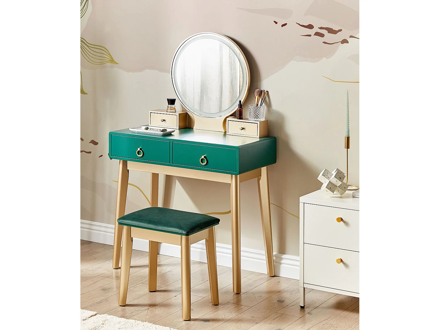 Coiffeuse avec miroir et tabouret FEDRY LED Vert émeraude