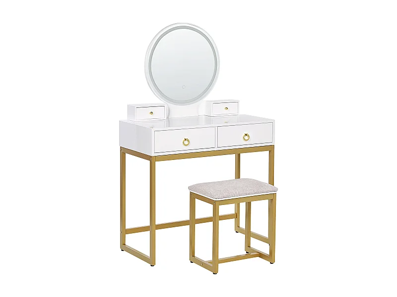 Schminktisch mit LED-Spiegel rund 4 Schubladen Hocker weiß Glamour Auxon