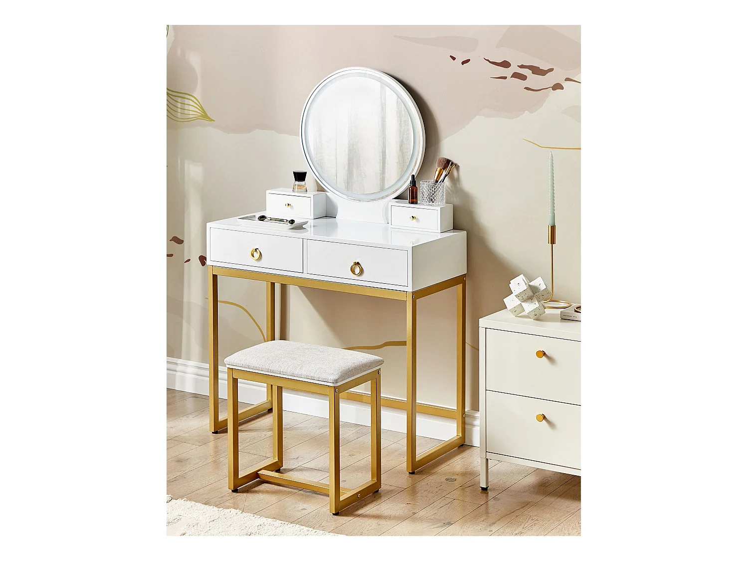 Coiffeuse avec miroir et tabouret AUXON LED Blanc