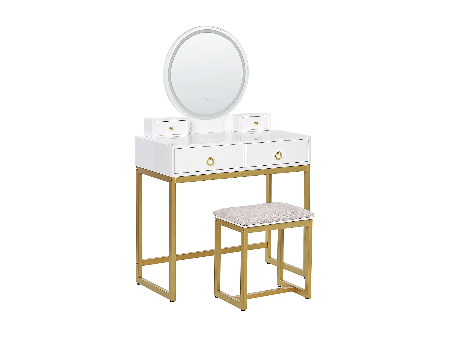 Schminktisch mit LED-Spiegel rund 4 Schubladen Hocker weiß Glamour Auxon