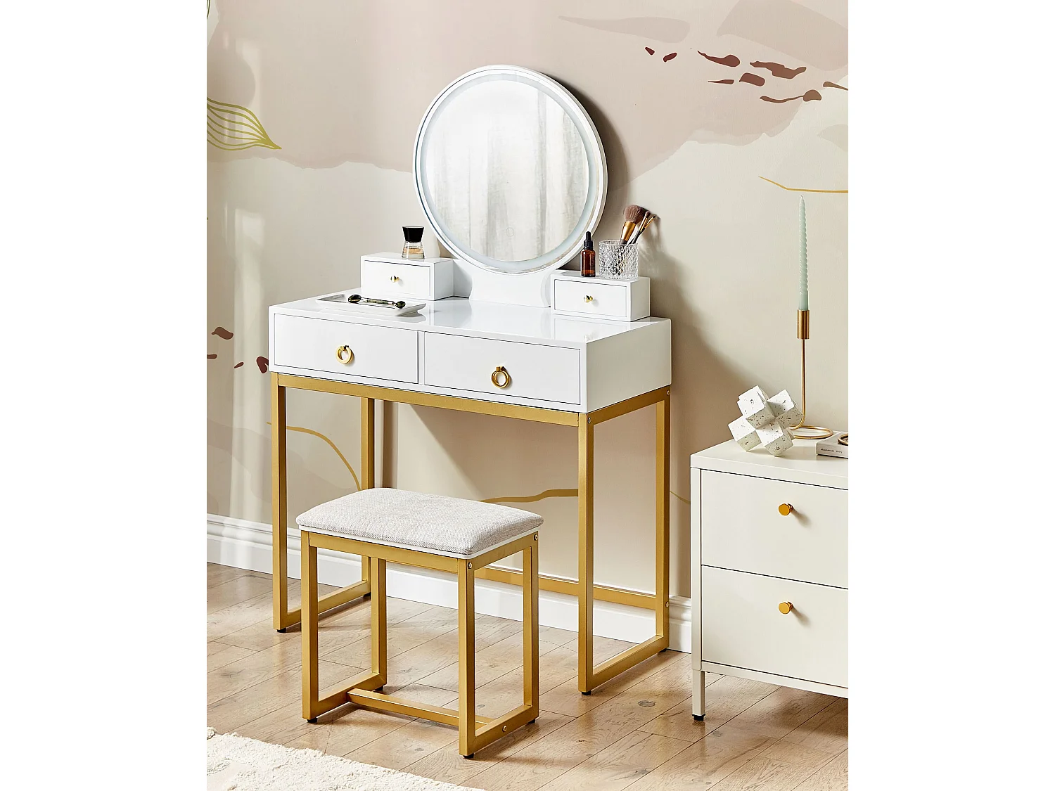 Schminktisch mit LED-Spiegel rund 4 Schubladen Hocker weiß Glamour Auxon