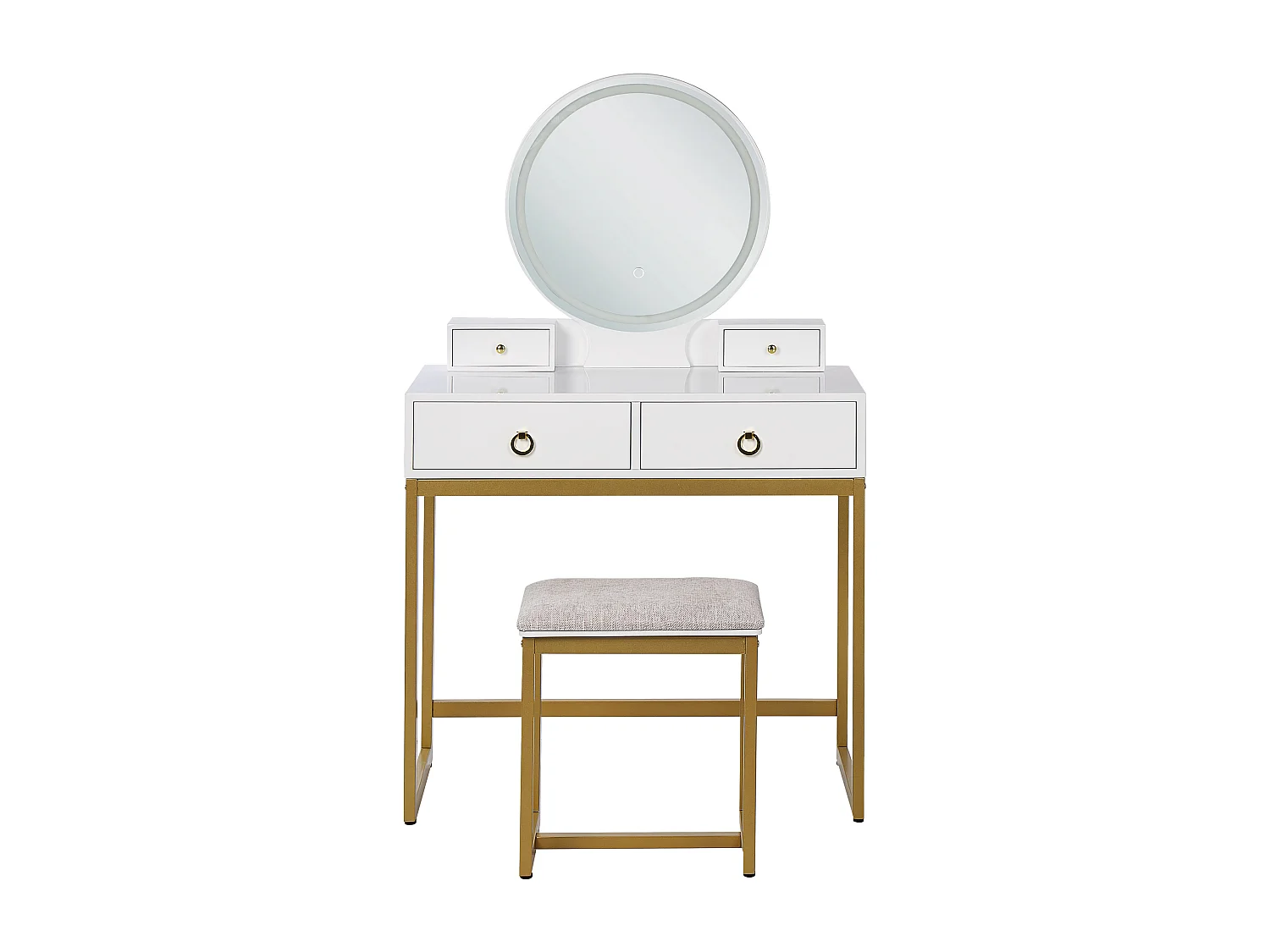 Schminktisch mit LED-Spiegel rund 4 Schubladen Hocker weiß Glamour Auxon