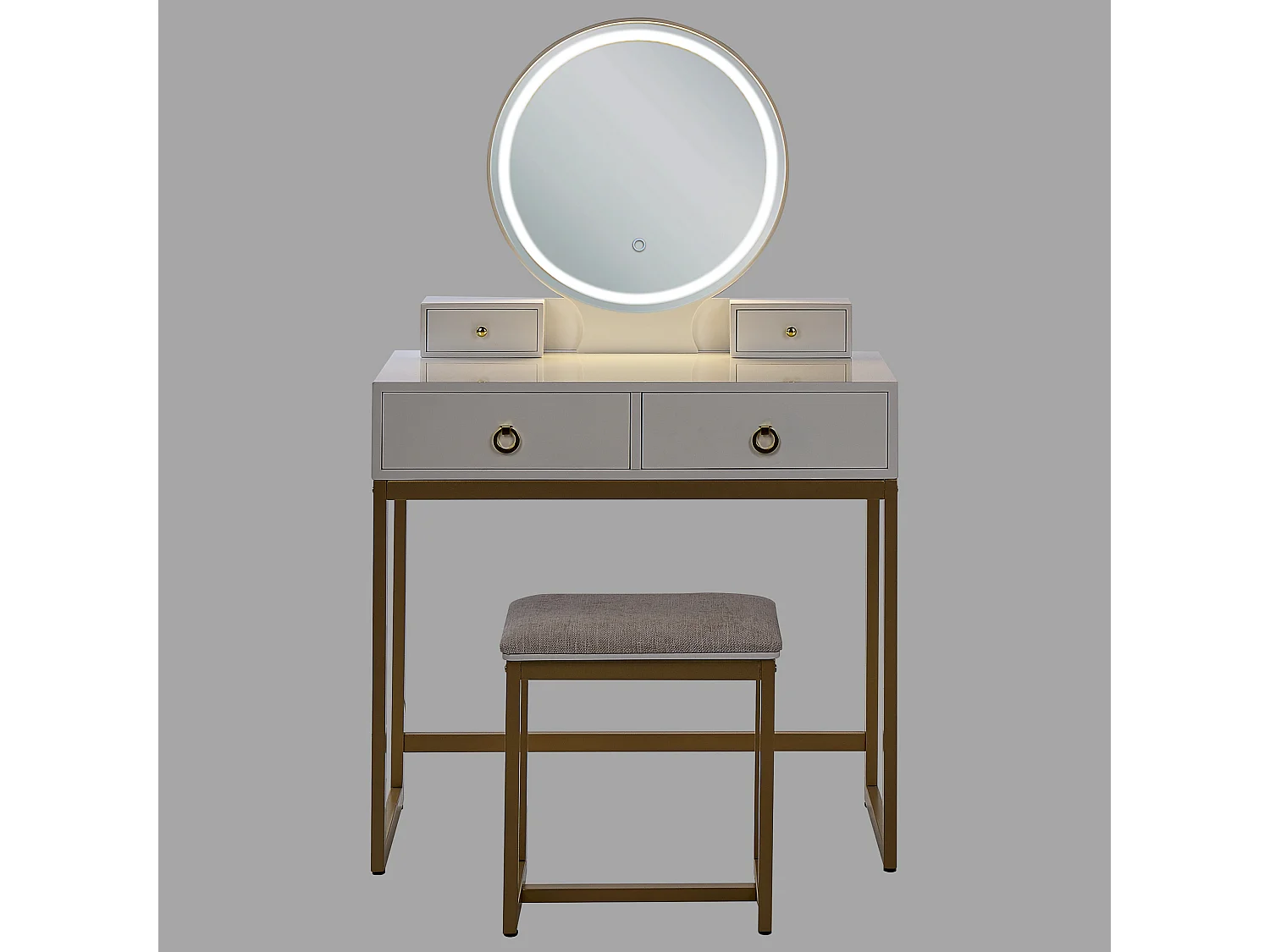 Schminktisch mit LED-Spiegel rund 4 Schubladen Hocker weiß Glamour Auxon