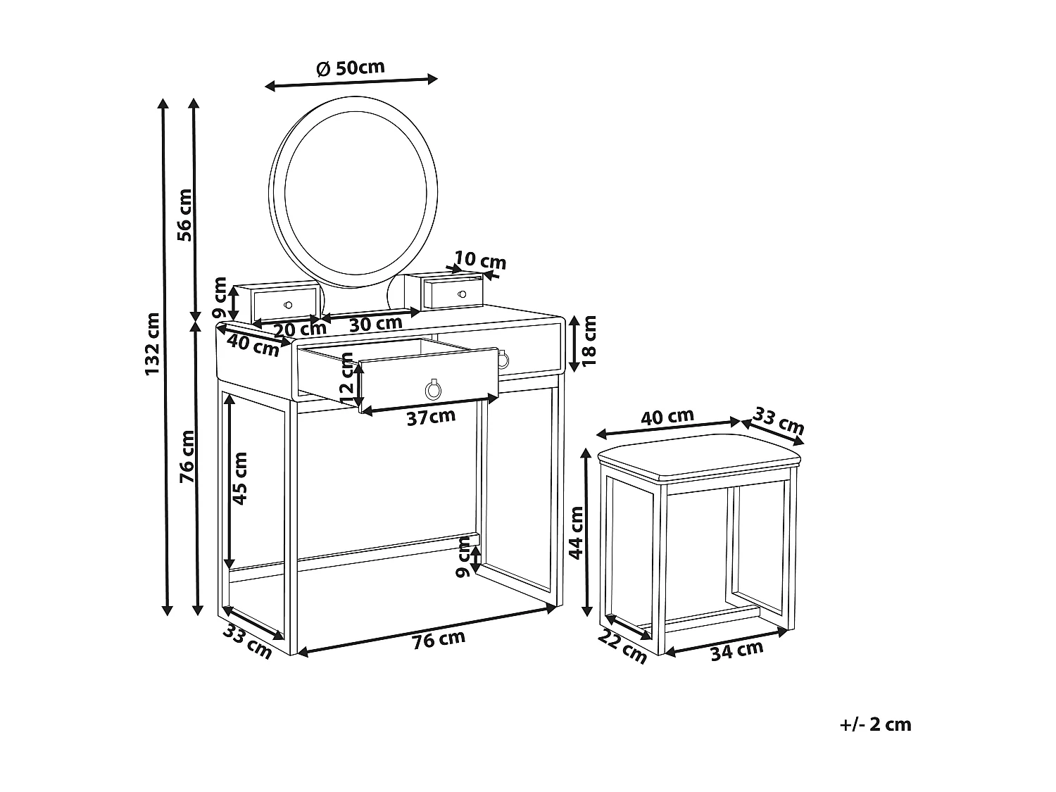 Schminktisch mit LED-Spiegel rund 4 Schubladen Hocker weiß Glamour Auxon