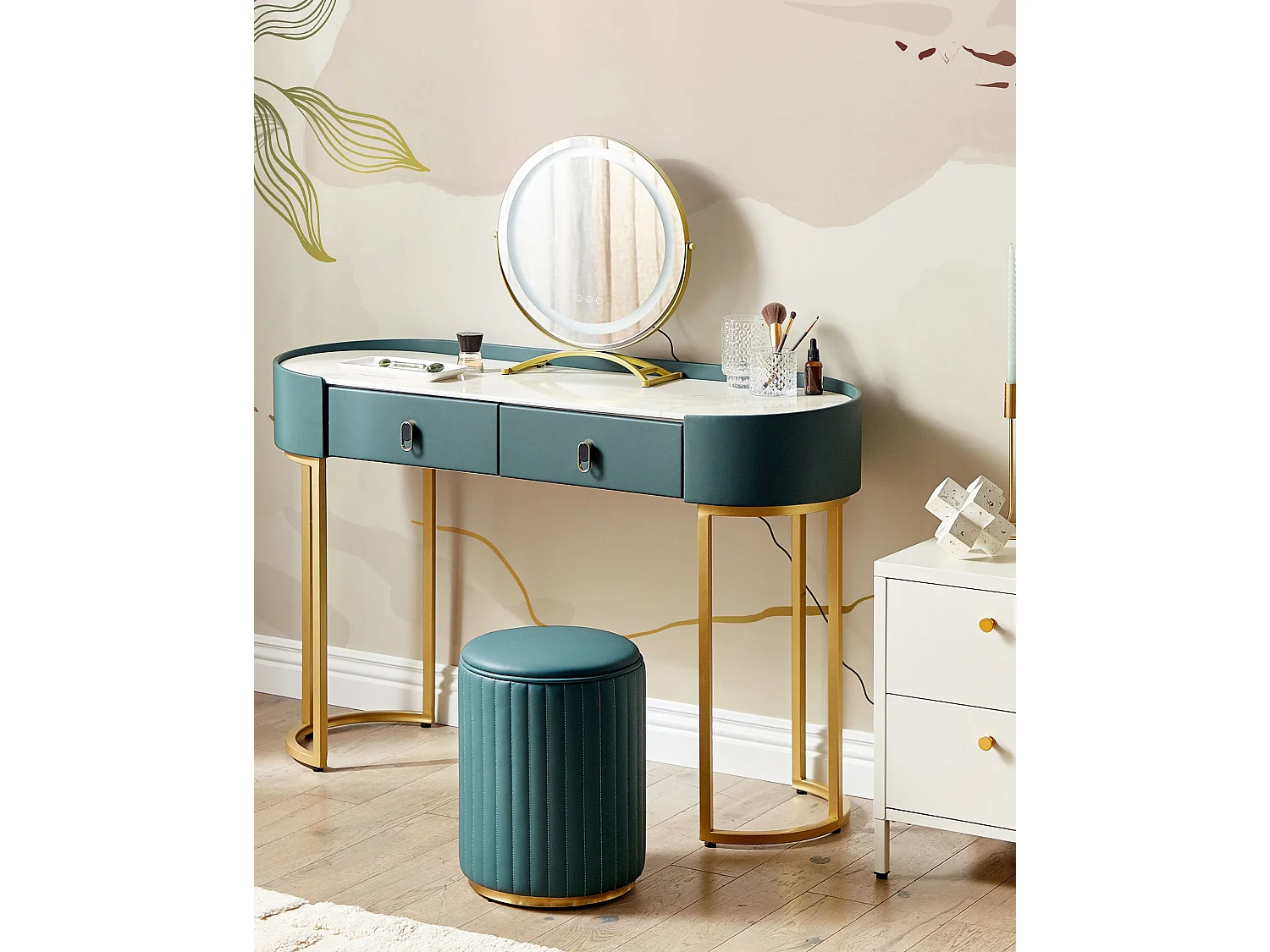 Coiffeuse avec miroir et tabouret VINAX LED Vert foncé