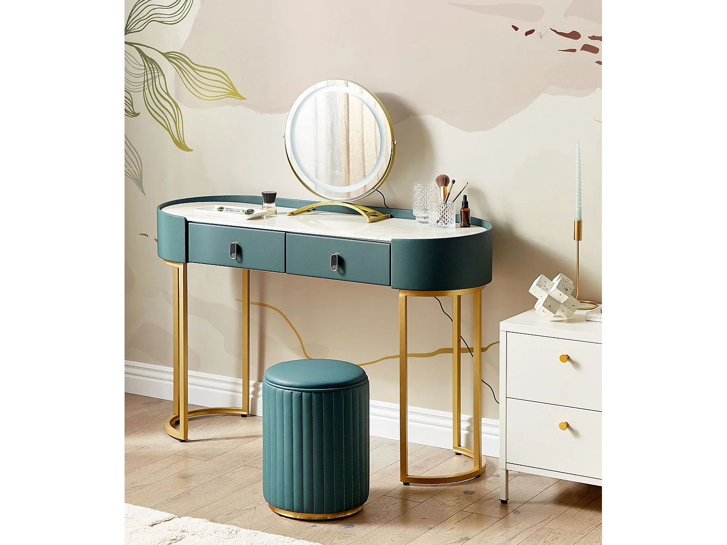 Dressing Table with Mirror and Stool VINAX LED Dark Green