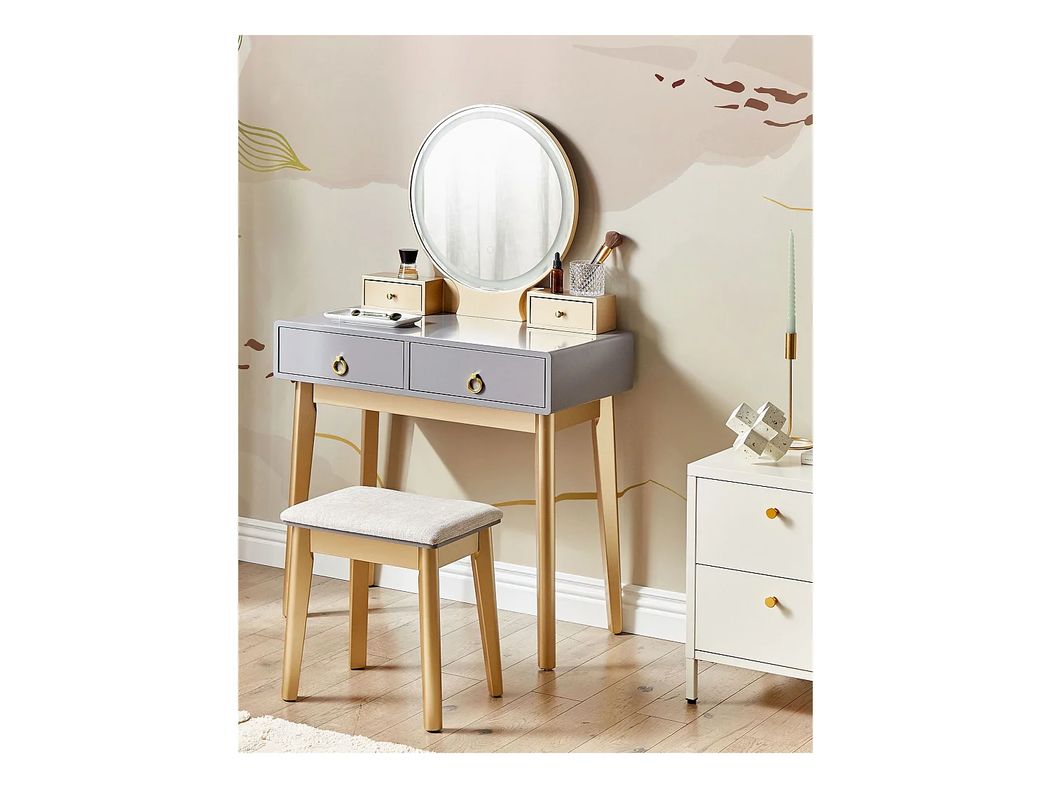 Toaletka z lustrem i stołkiem FEDRY LED Szary