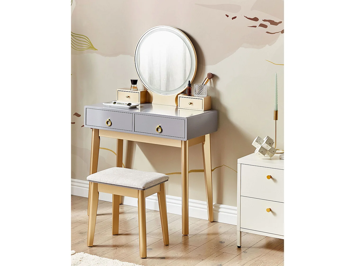 Coiffeuse avec miroir et tabouret FEDRY LED Gris