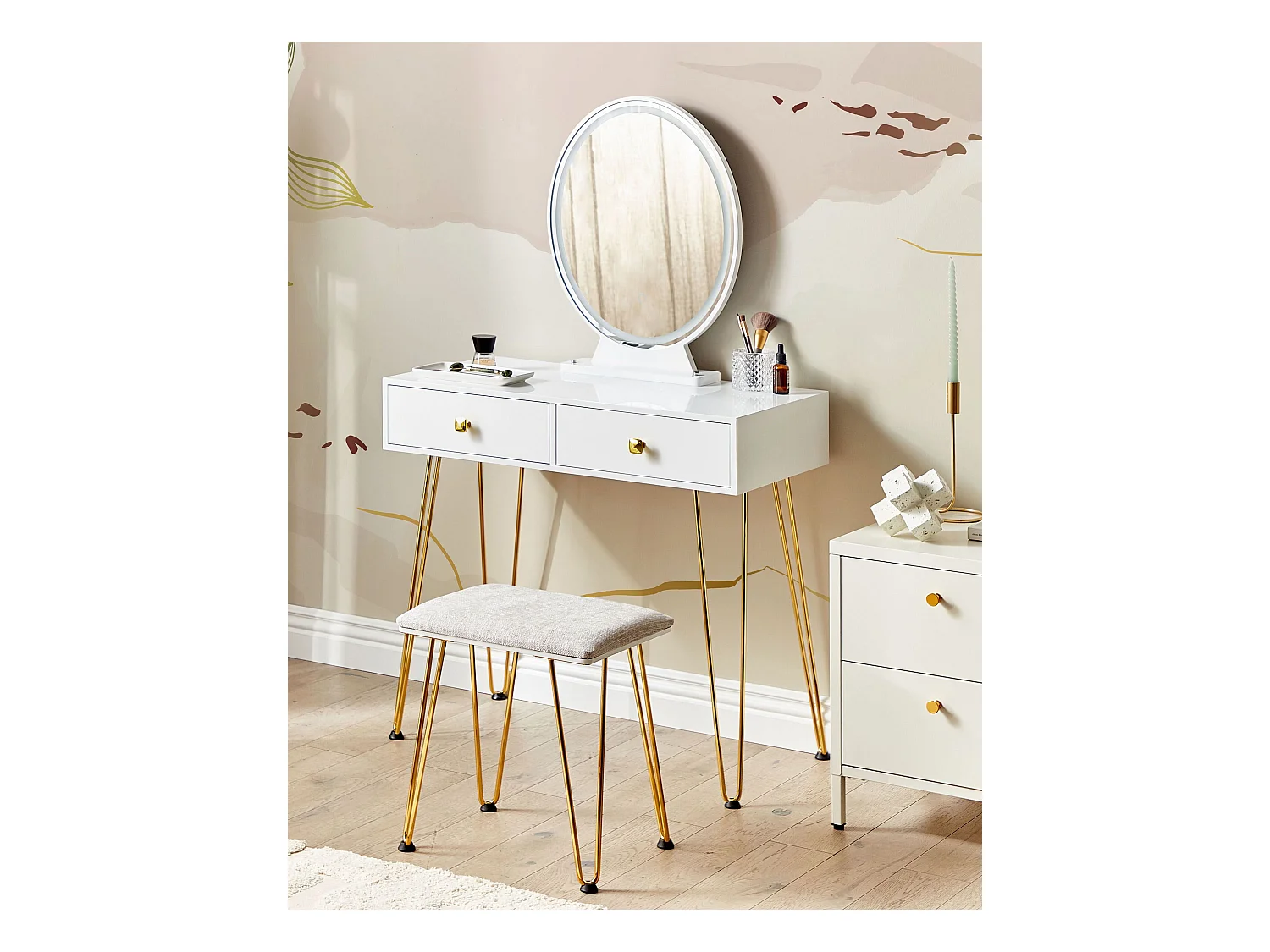 Coiffeuse avec miroir et tabouret CAEN LED Blanc