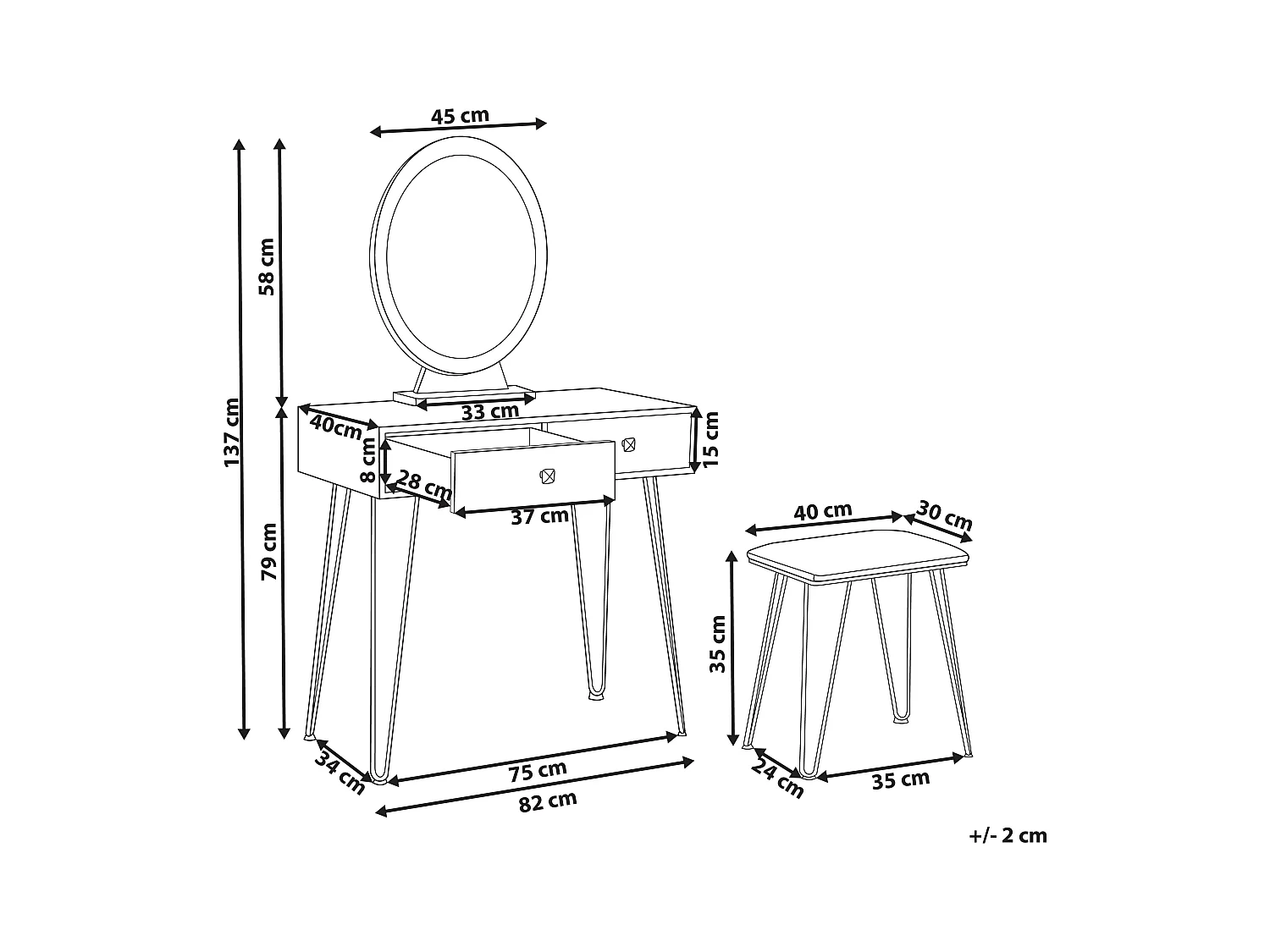 Coiffeuse avec miroir et tabouret CAEN LED Blanc